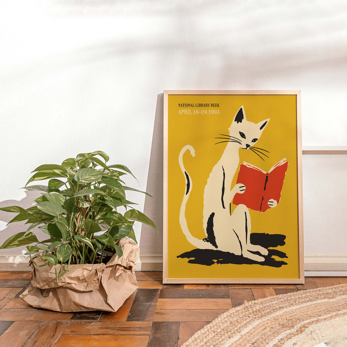 Reading Cat Library Wall Art Print