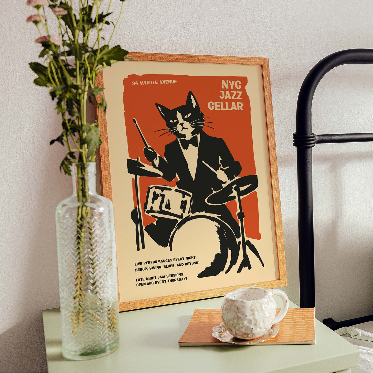 NYC Jazz Cellar Drummer Cat Poster Print