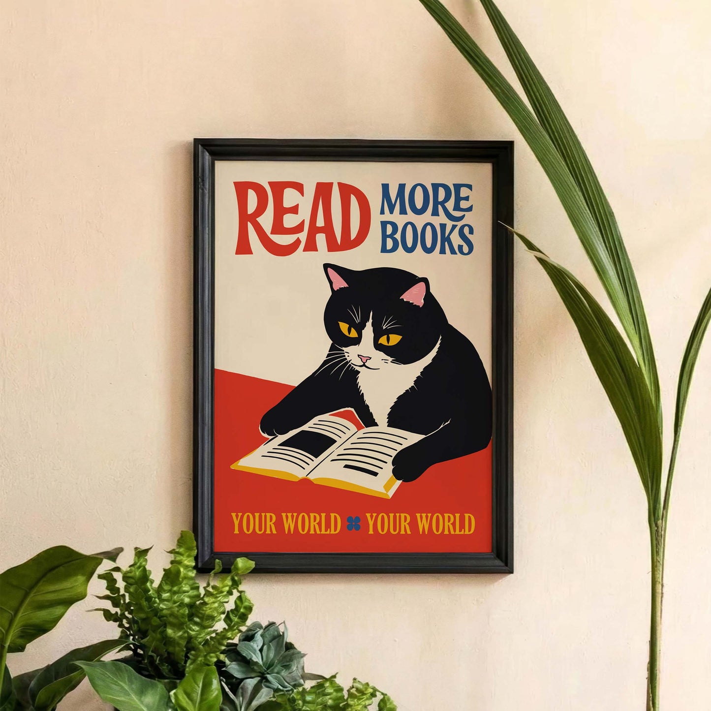 Vintage Reading Cat Library Poster