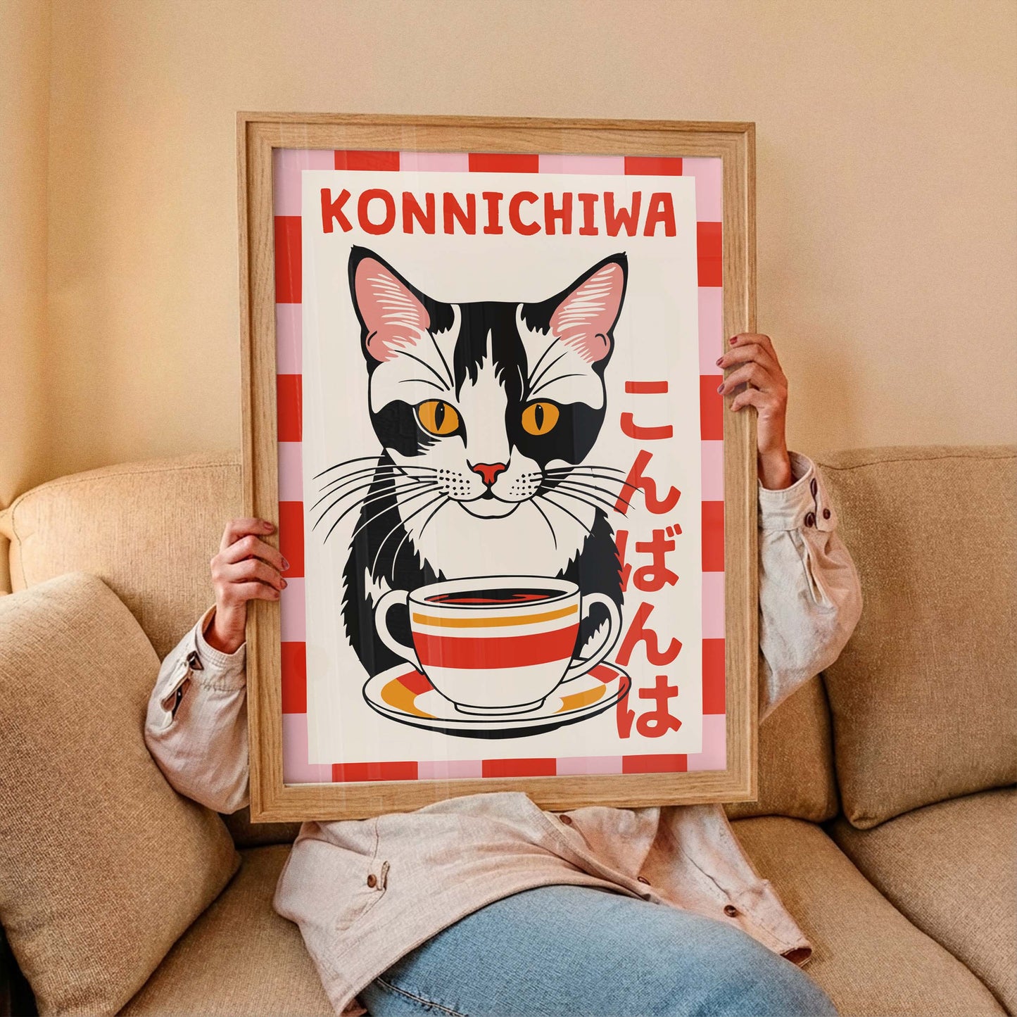 Cat Coffee Konichiwa Poster