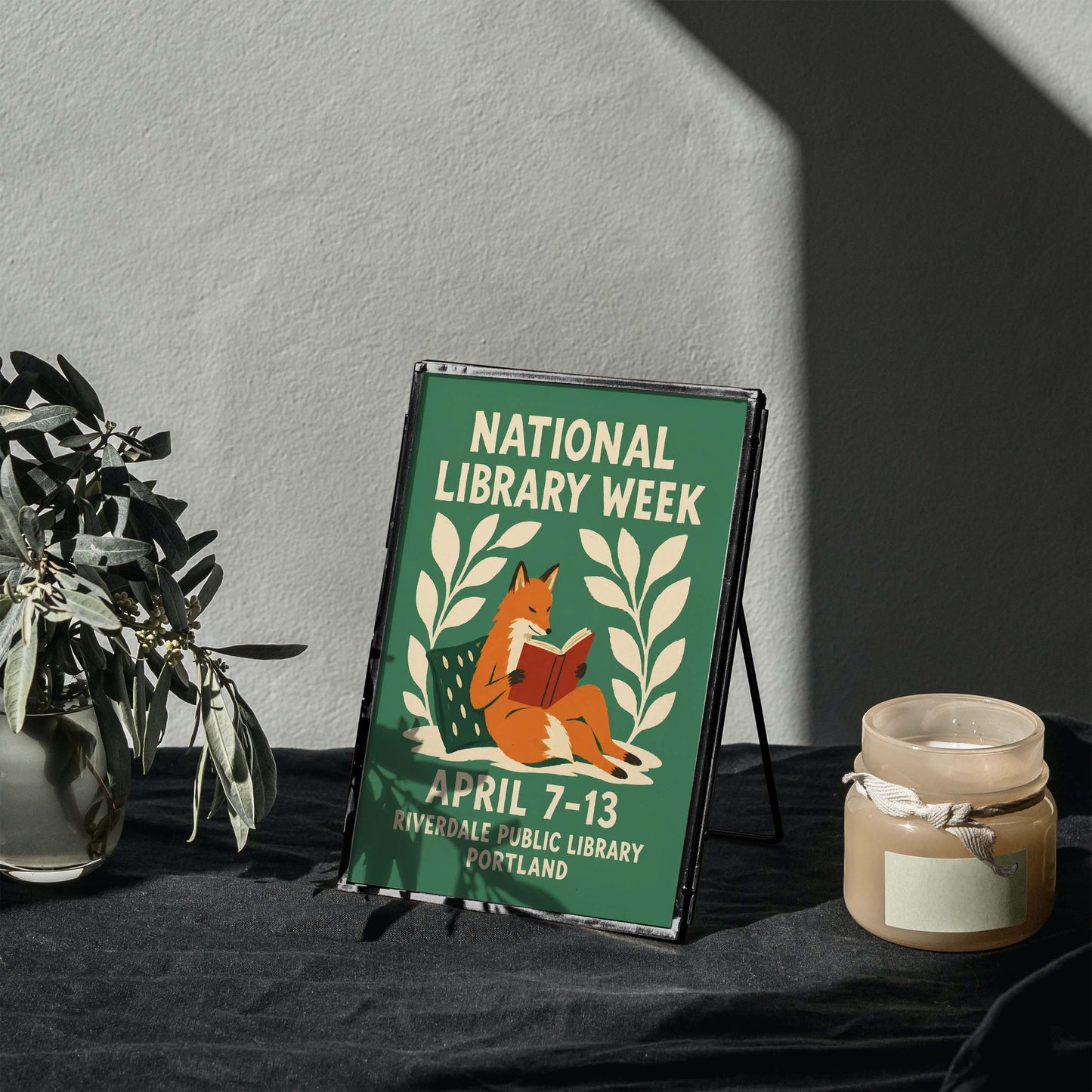 National Library Week Fox Reading Poster