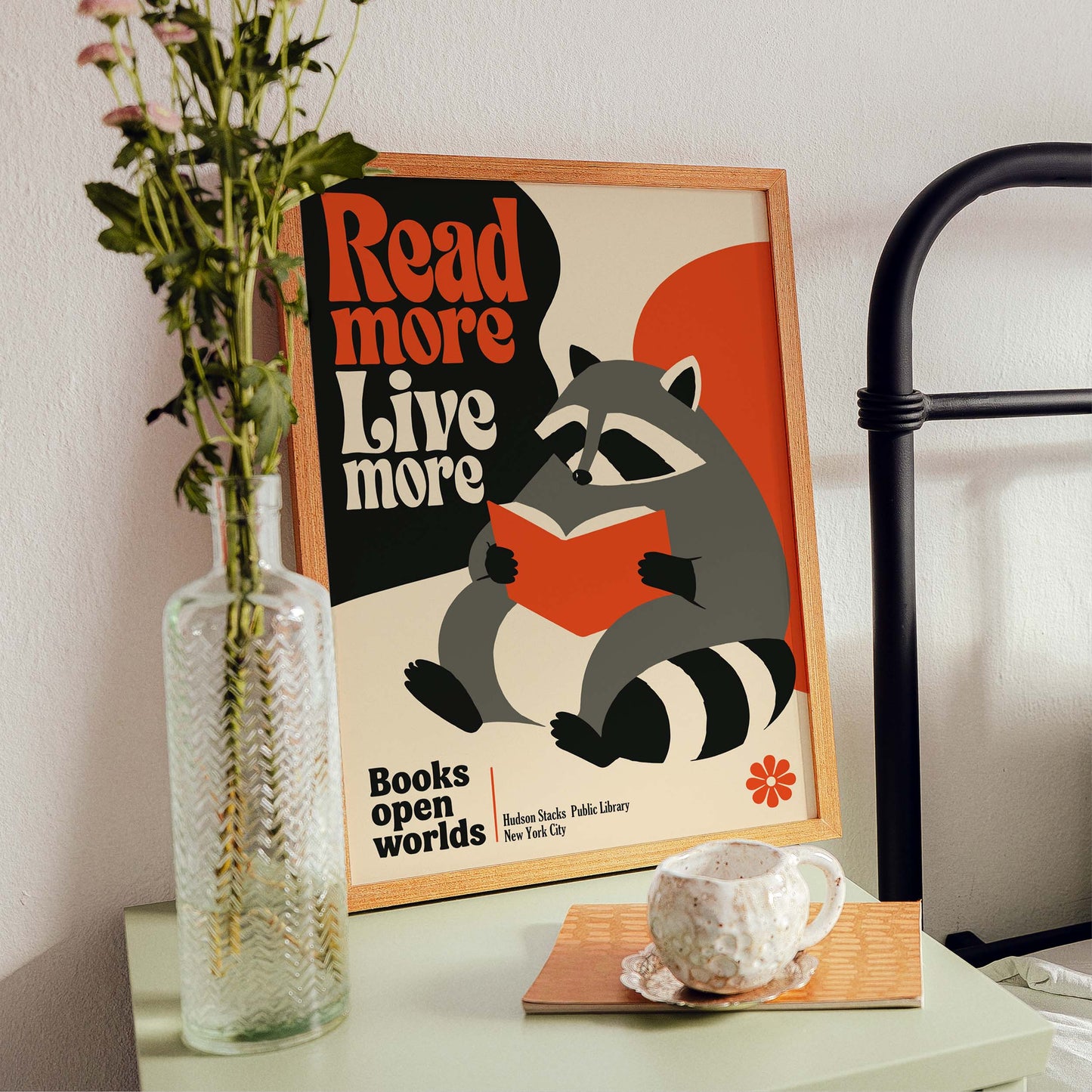 Reading Raccoon Poster Wall Art