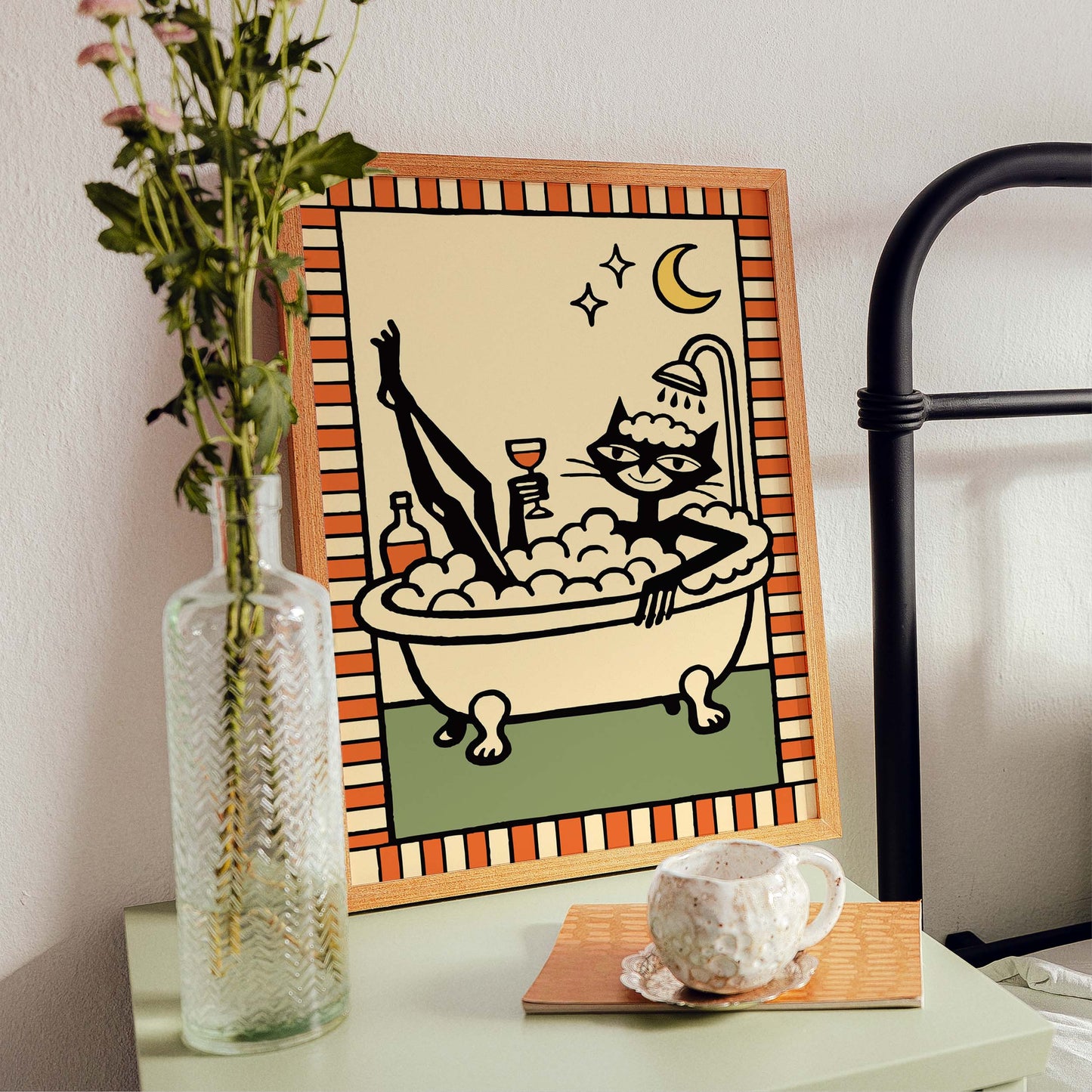 Moonlit Cat Bath Poster Wall Print