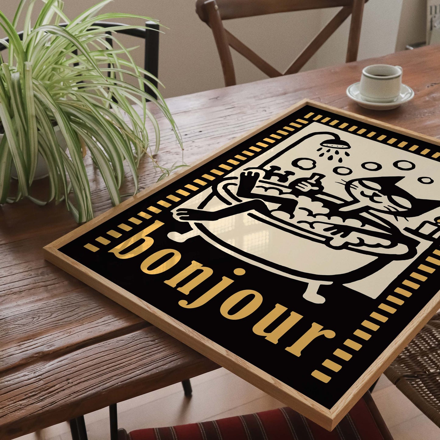 Bonjour Cat Bathtub Poster Print