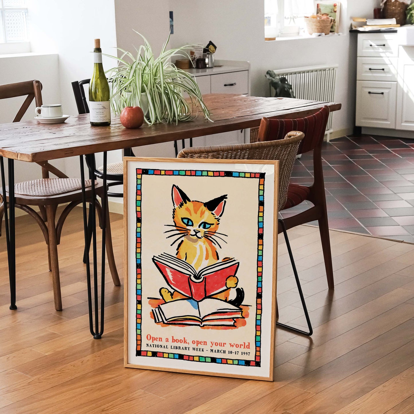 Reading Cat Library Poster Print