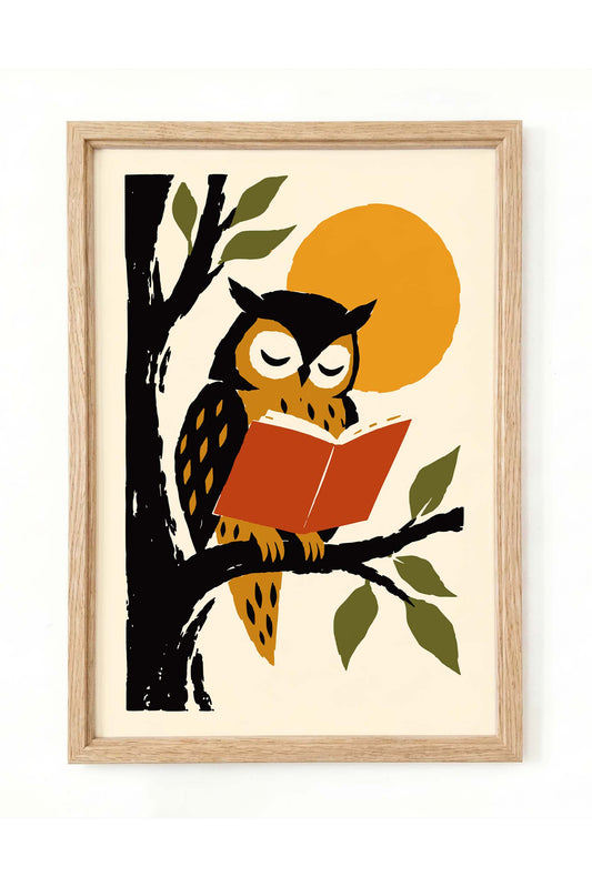 Owl Reading Book Wall Art Print