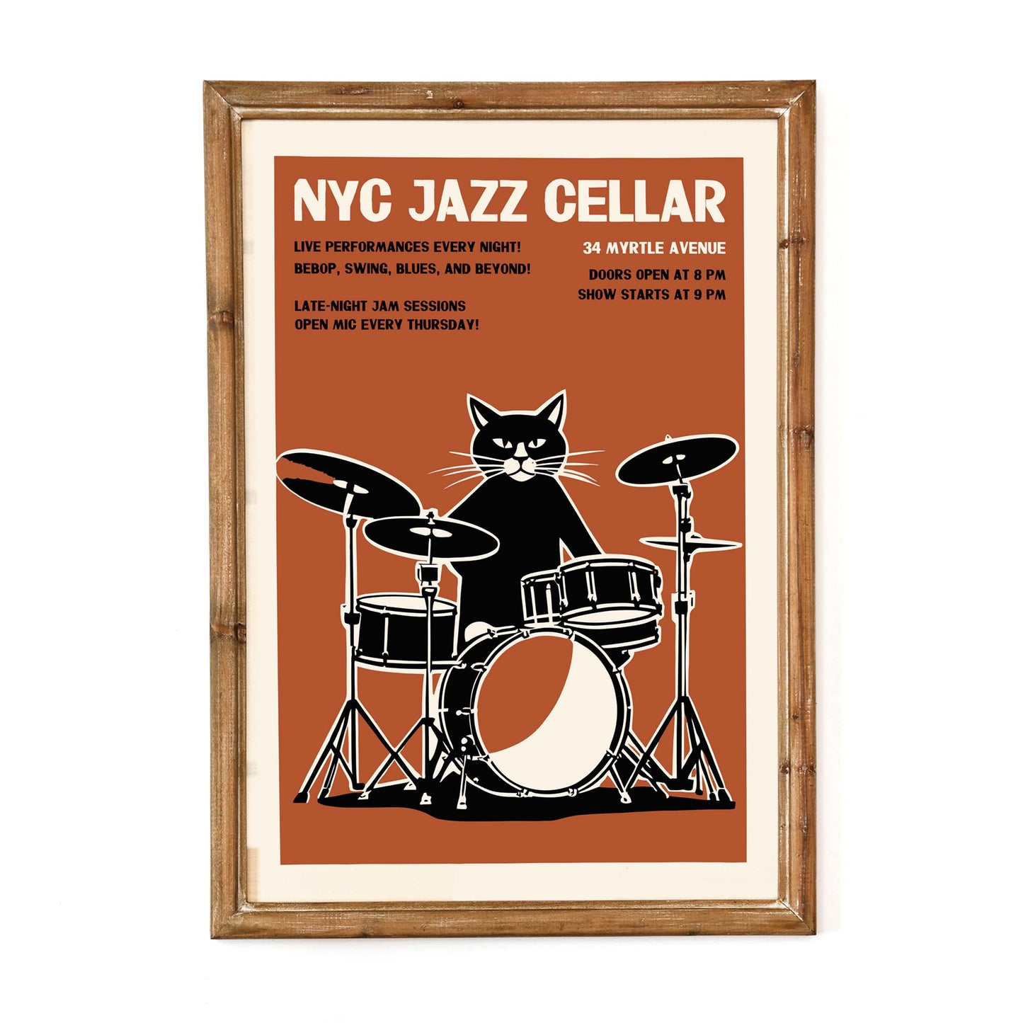 NYC Jazz Cellar Cat Drummer Wall Print