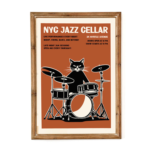 NYC Jazz Cellar Cat Drummer Wall Print