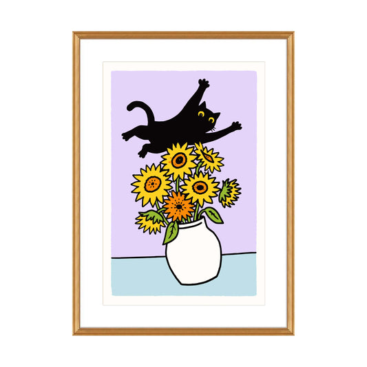 Flying Cat Over Sunflowers Poster