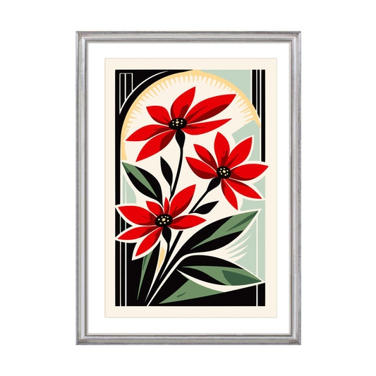 Red Floral Art Deco Wall Art Print