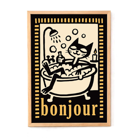 Bonjour Cat Bathtub Poster Print