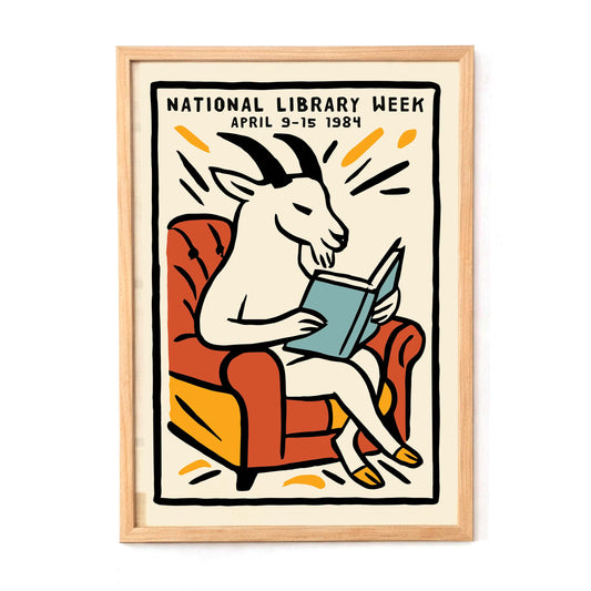 Reading Goat Library Wall Print Art
