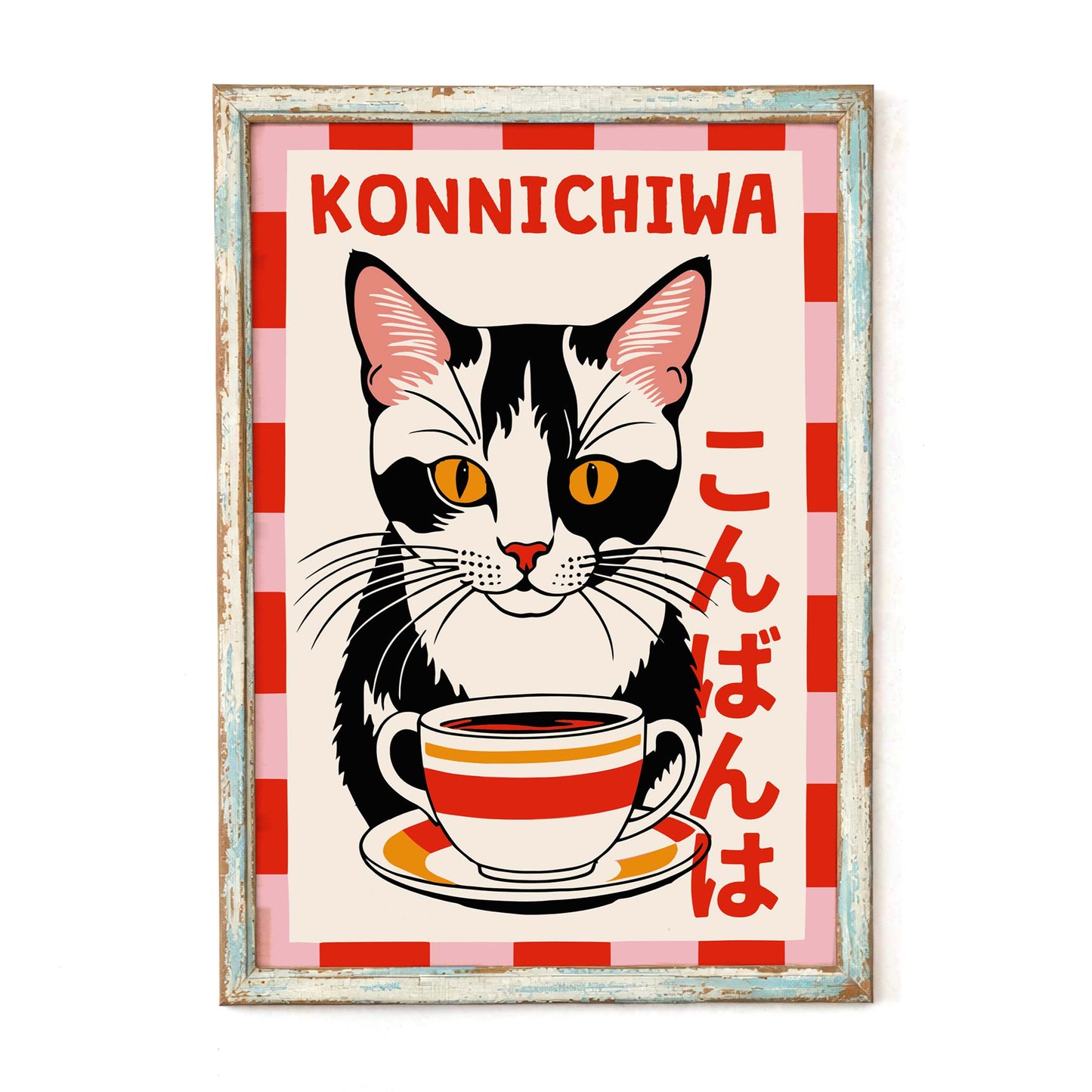 Cat Coffee Konichiwa Poster