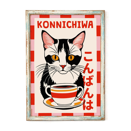 Cat Coffee Konichiwa Poster