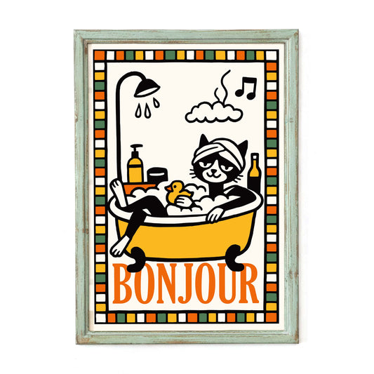 Bonjour Cat Bath Poster Print