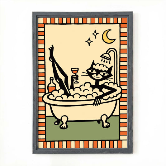 Moonlit Cat Bath Poster Wall Print