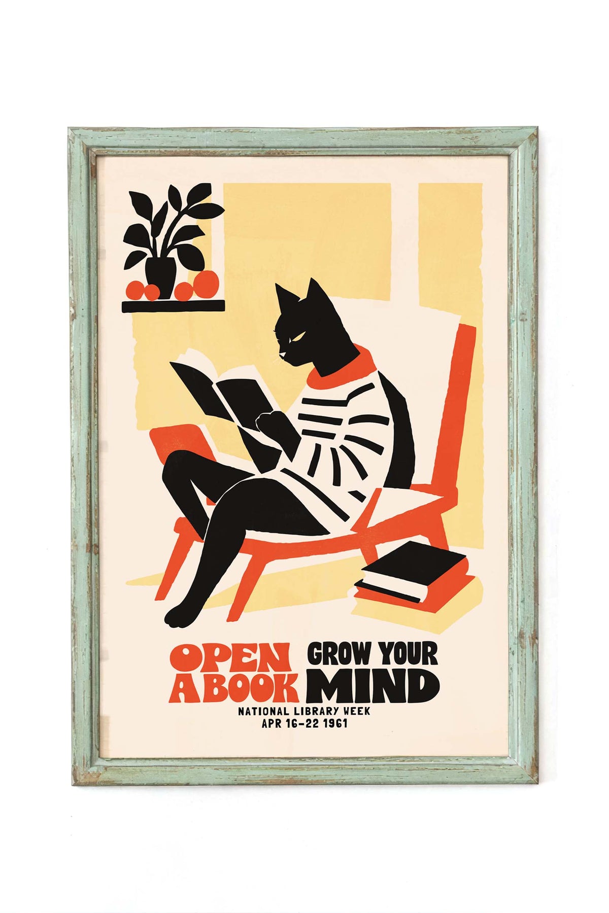 Reading Cat Library Wall Art Print