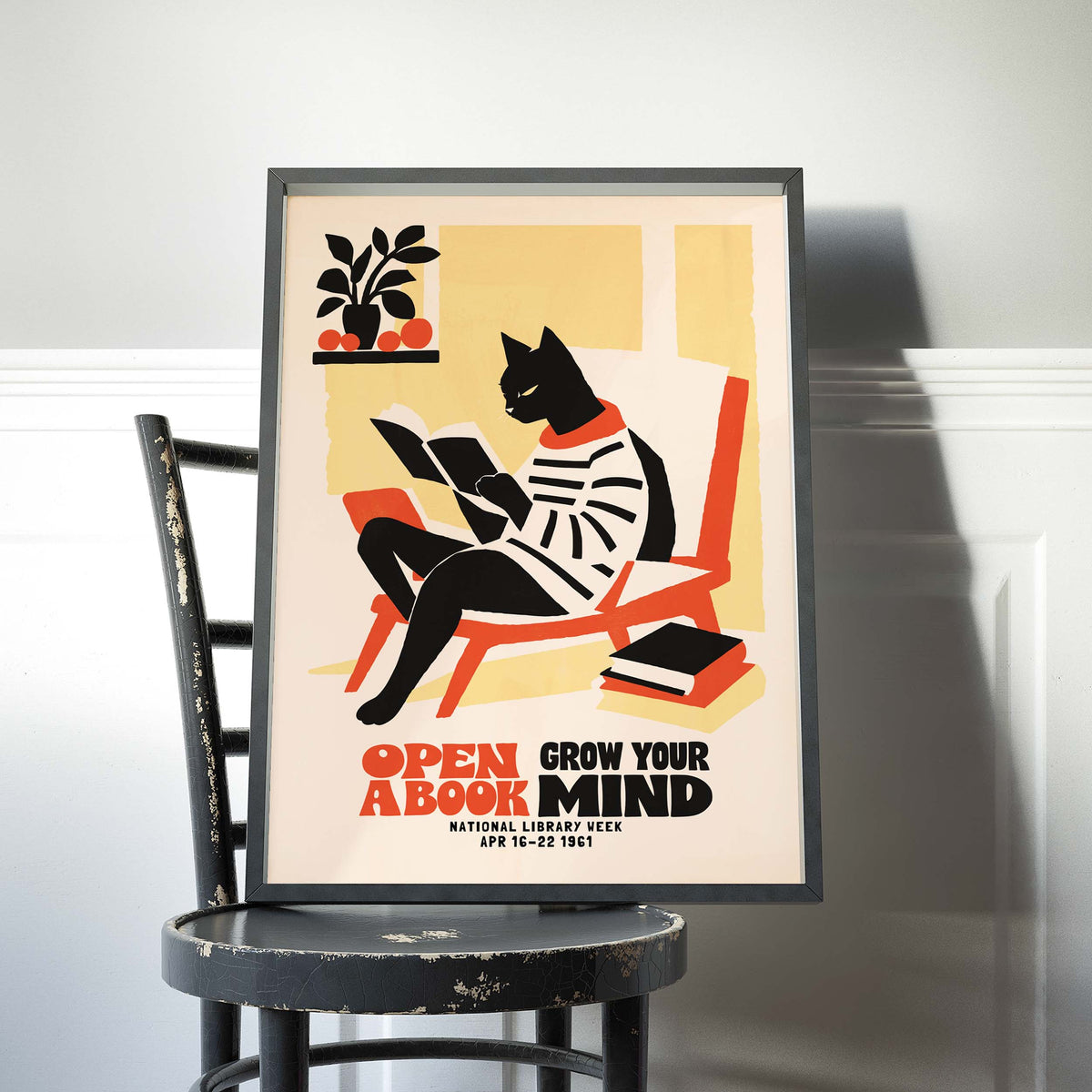 Reading Cat Library Wall Art Print