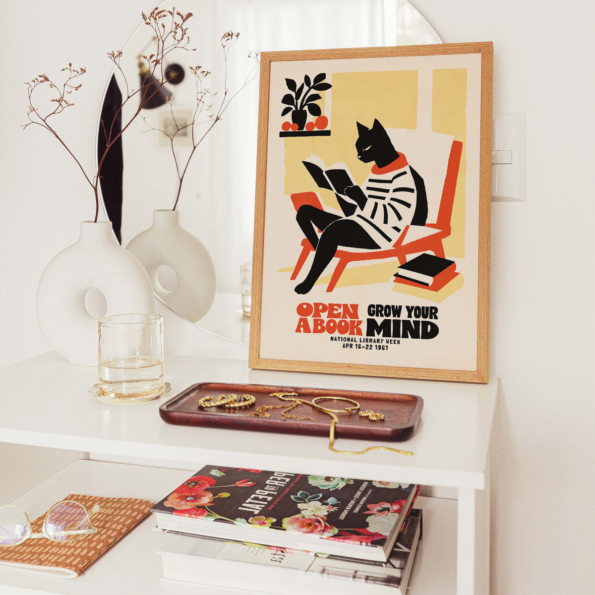 Reading Cat Library Wall Art Print
