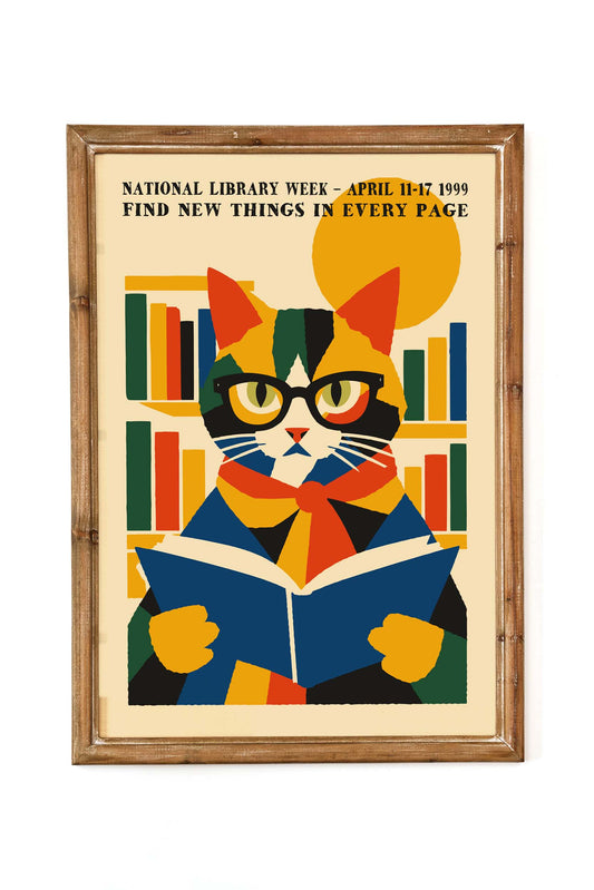 Book Lover Cat Library Wall Art Print