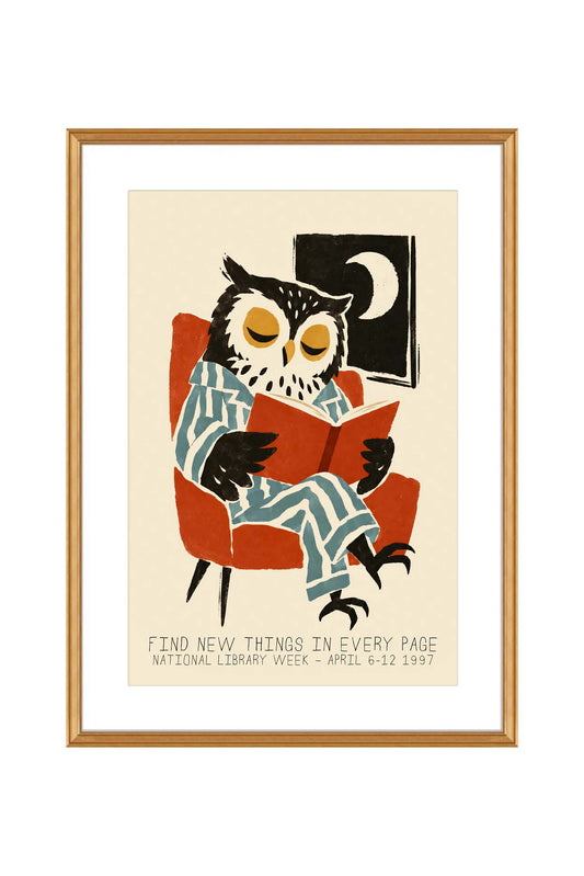 Reading Owl Library Wall Art Print