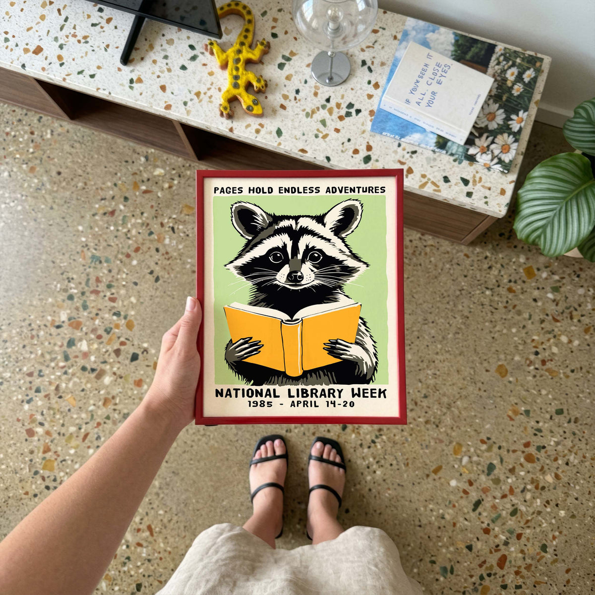 Raccoon Reading Book Wall Art Print
