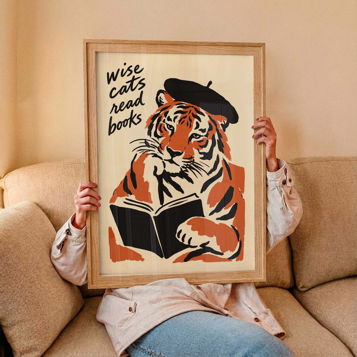 Wise Cat Reading Books Print