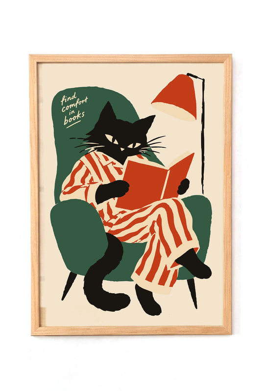 Black Cat Reading Books Wall Art Print