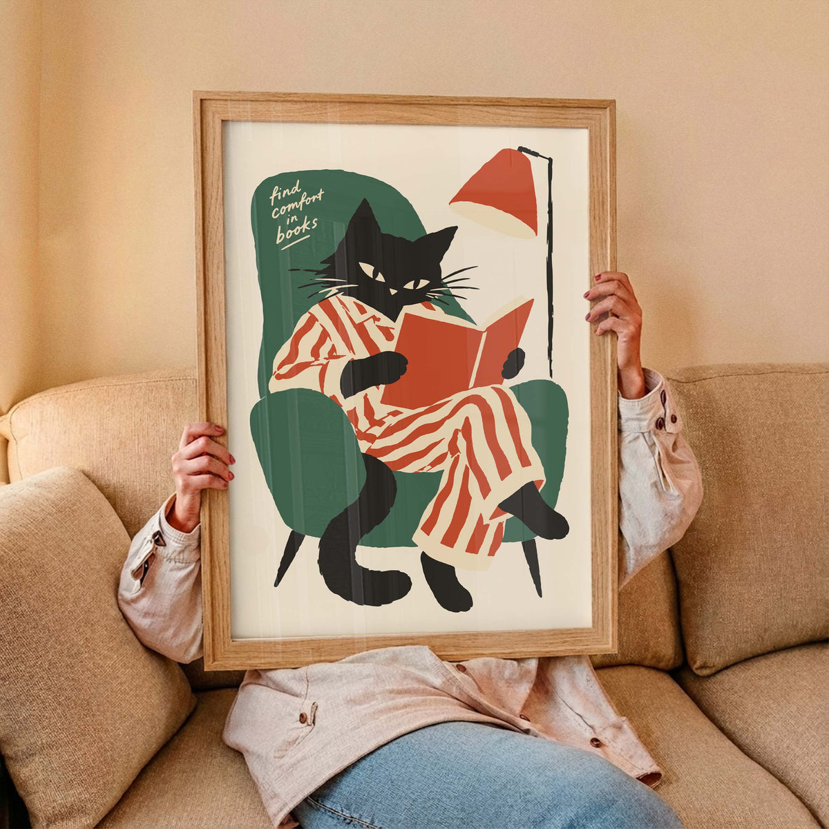 Black Cat Reading Books Wall Art Print