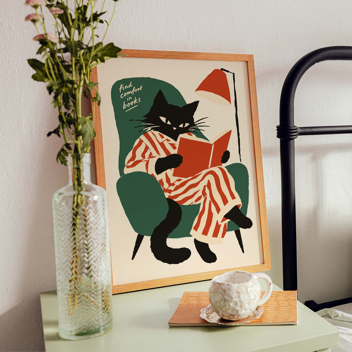 Black Cat Reading Books Wall Art Print