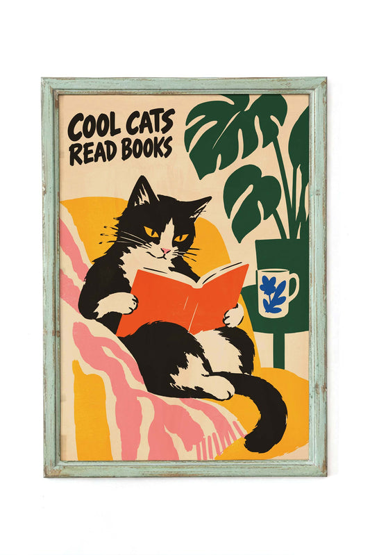 Cat Reading Books Print Wall Art
