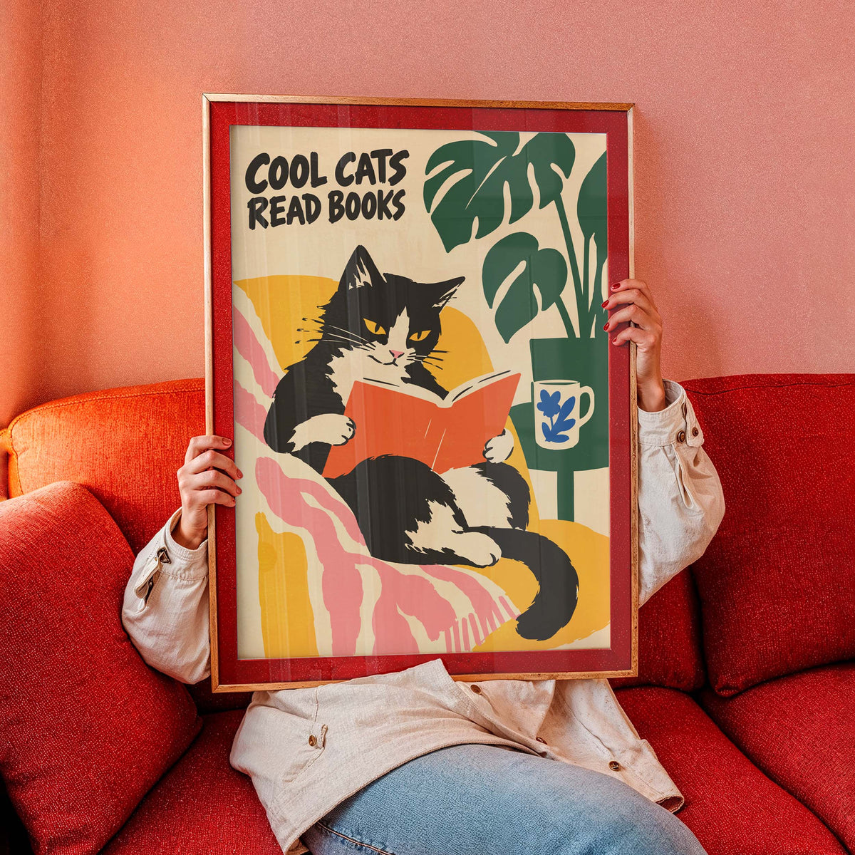 Cat Reading Books Print Wall Art