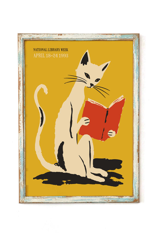 Reading Cat Library Wall Art Print