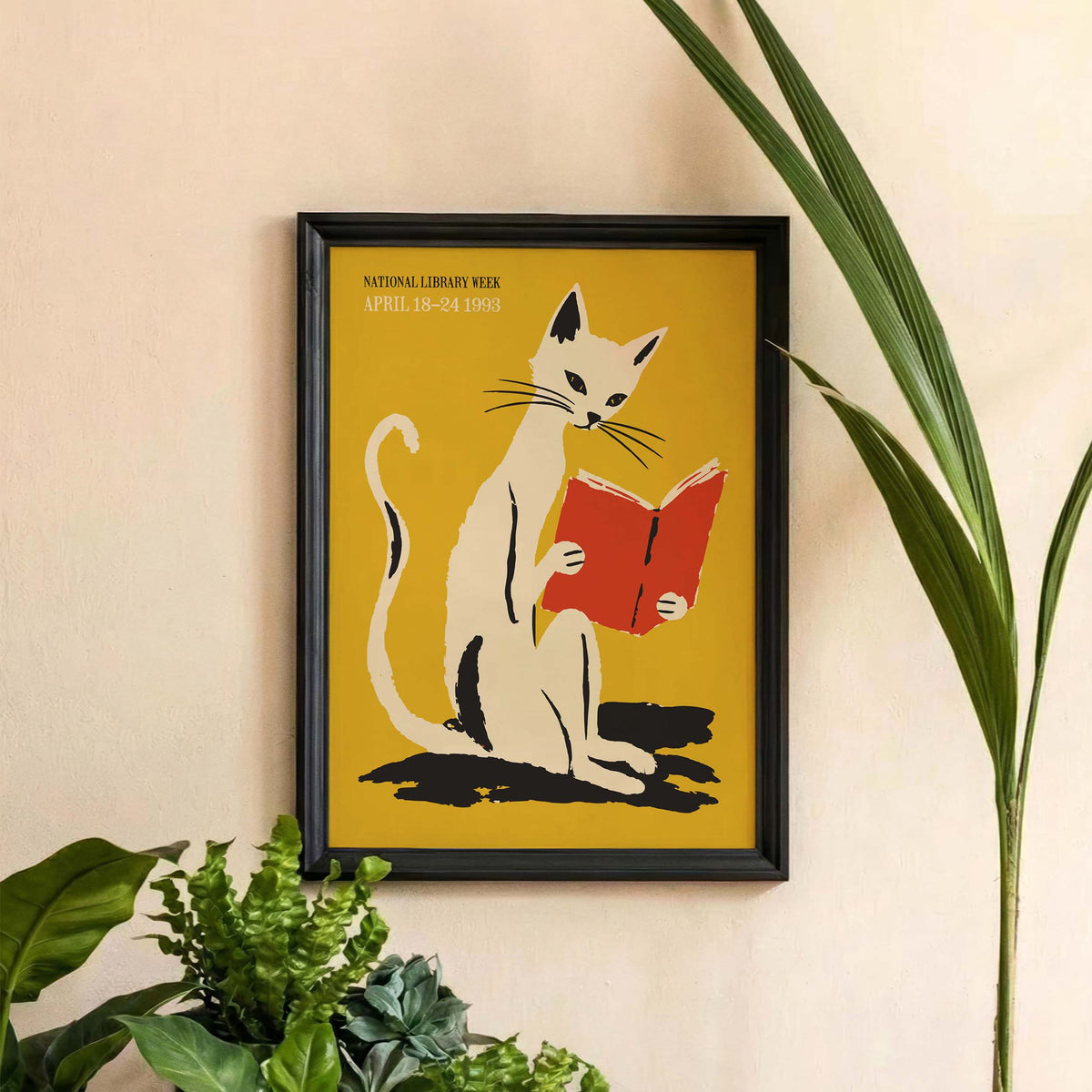 Reading Cat Library Wall Art Print