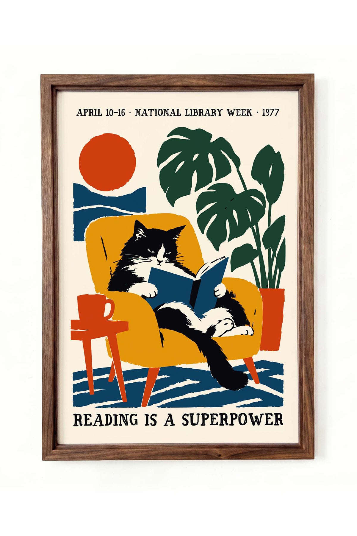 Reading Cat Vintage Library Poster Print