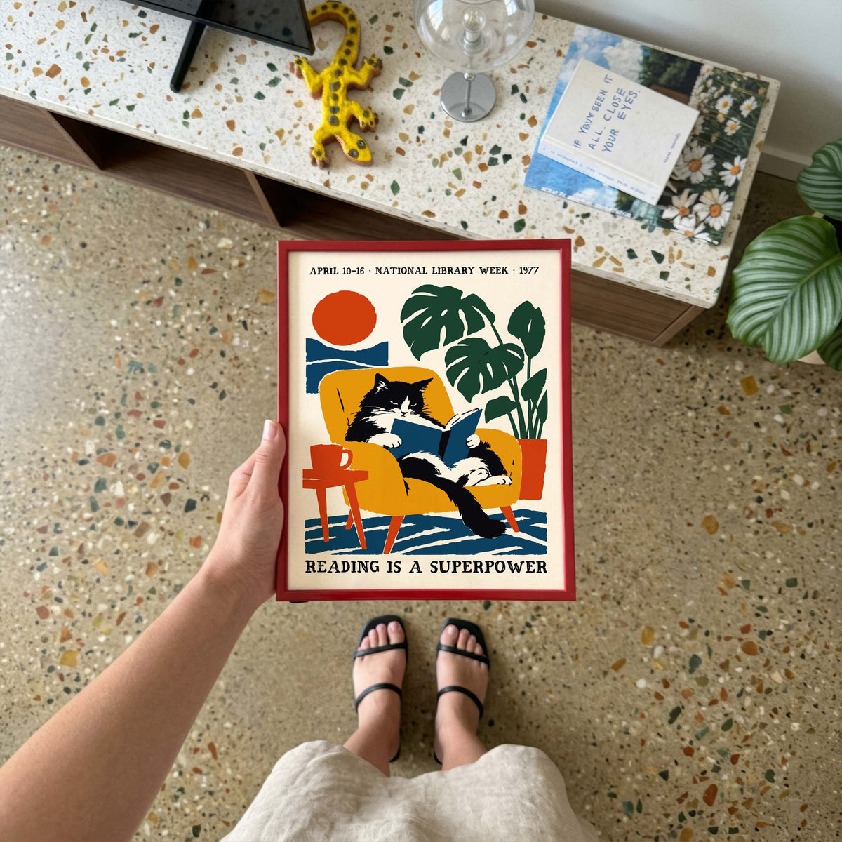 Reading Cat Vintage Library Poster Print
