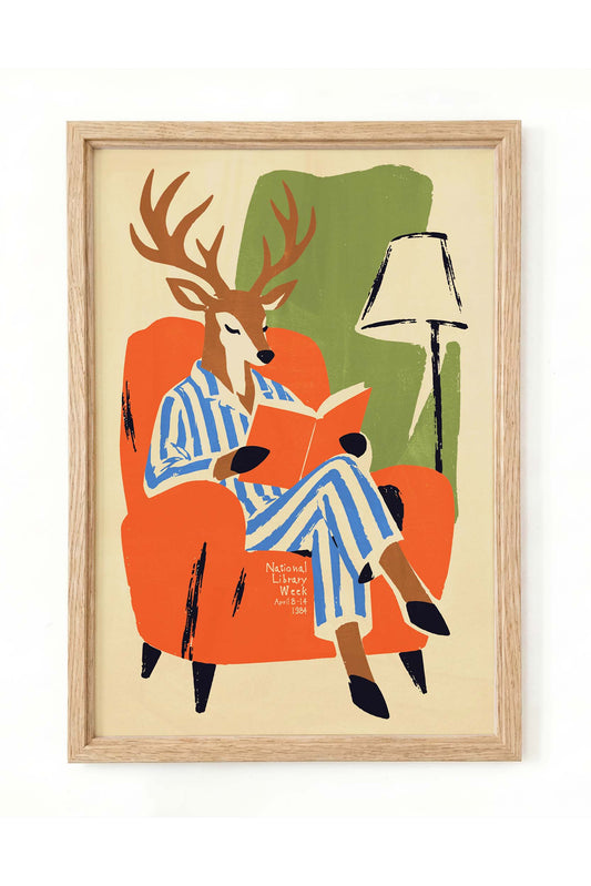 Deer Reading Book Wall Art Print