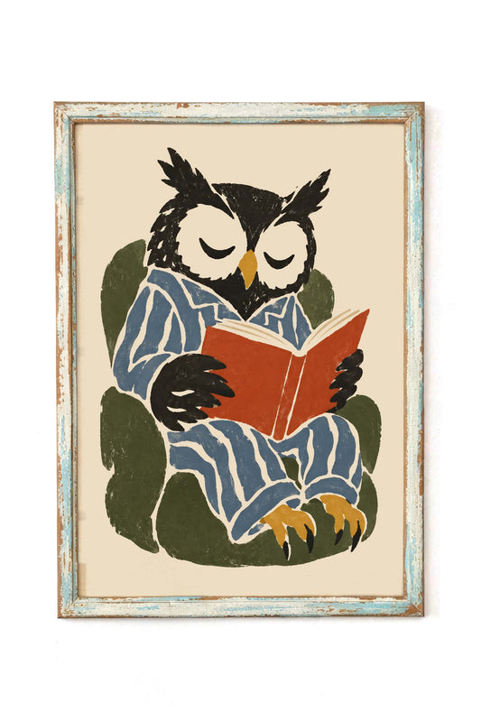 Owl Reading Book Wall Art Print