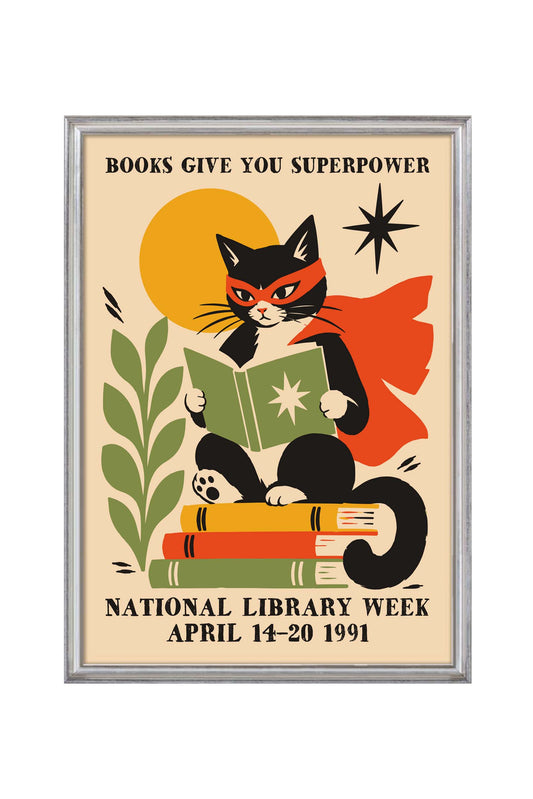 Superhero Cat Reading Books Poster Print