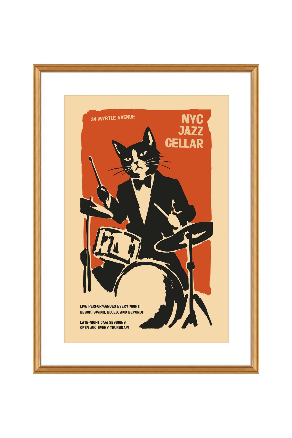 NYC Jazz Cellar Drummer Cat Poster Print