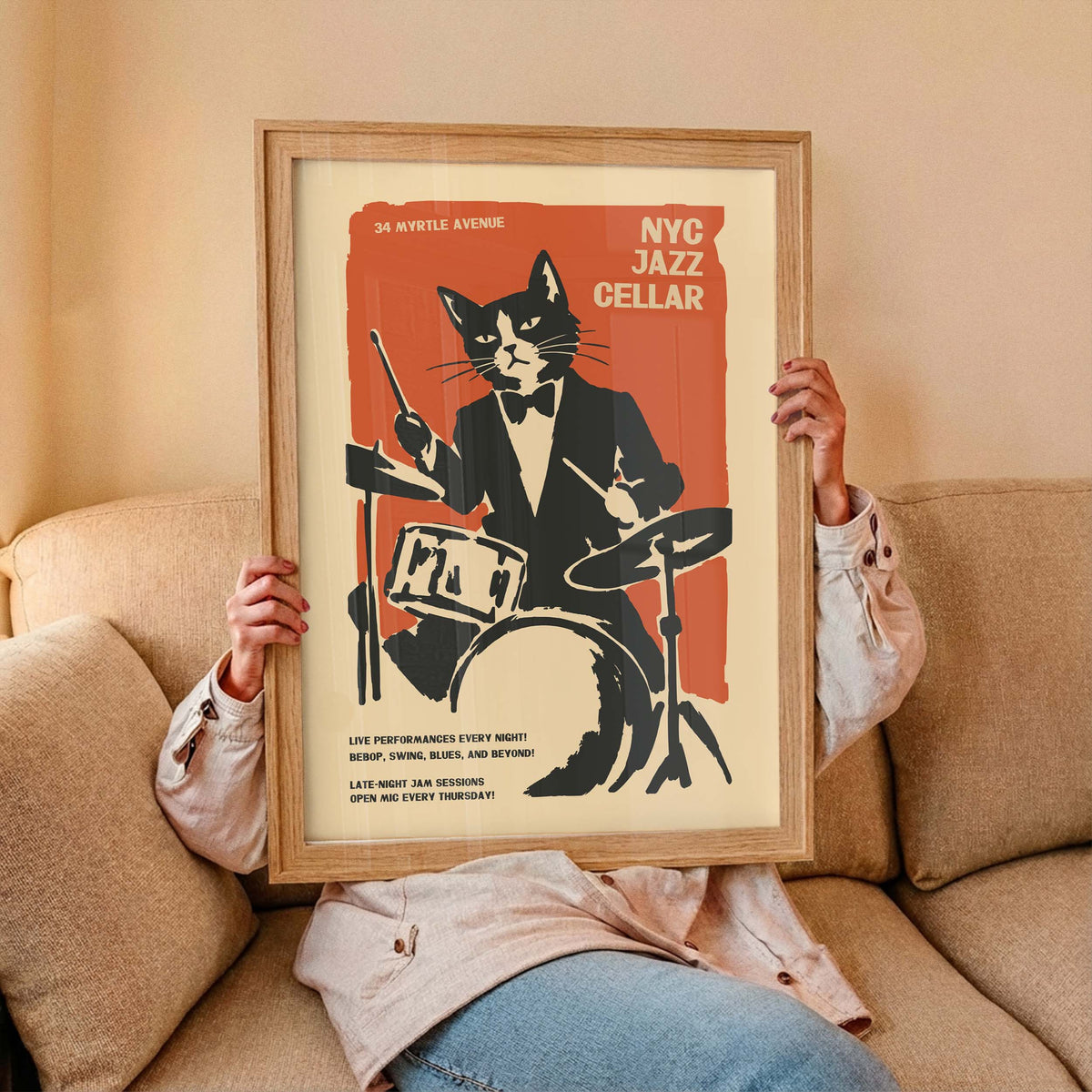 NYC Jazz Cellar Drummer Cat Poster Print