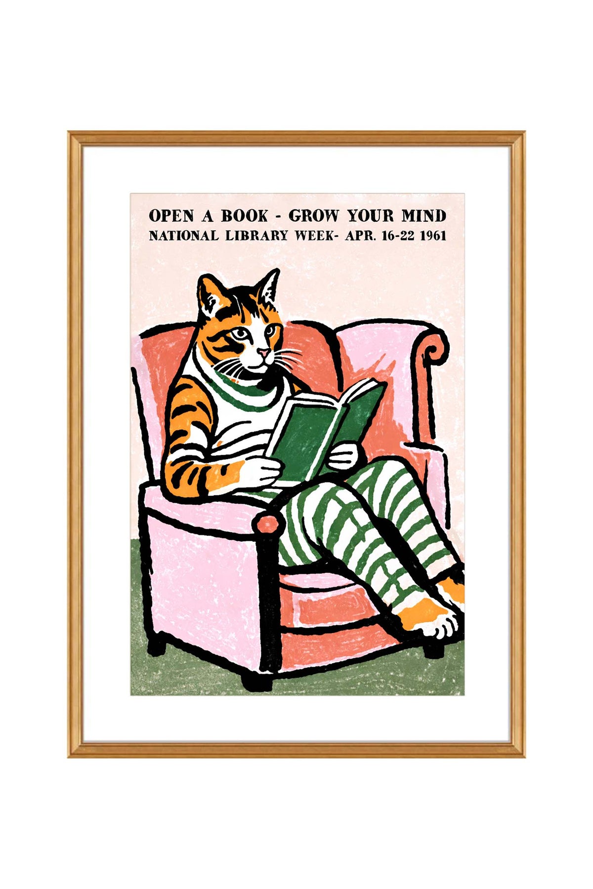 Reading Cat Library Wall Art Print
