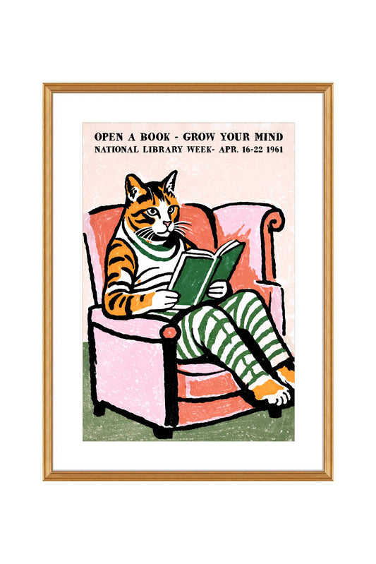 Reading Cat Library Wall Art Print