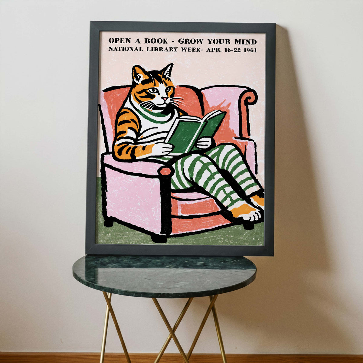 Reading Cat Library Wall Art Print