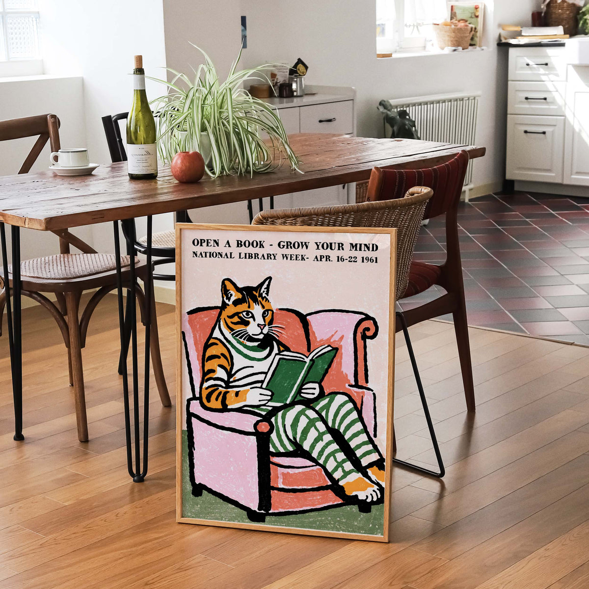 Reading Cat Library Wall Art Print