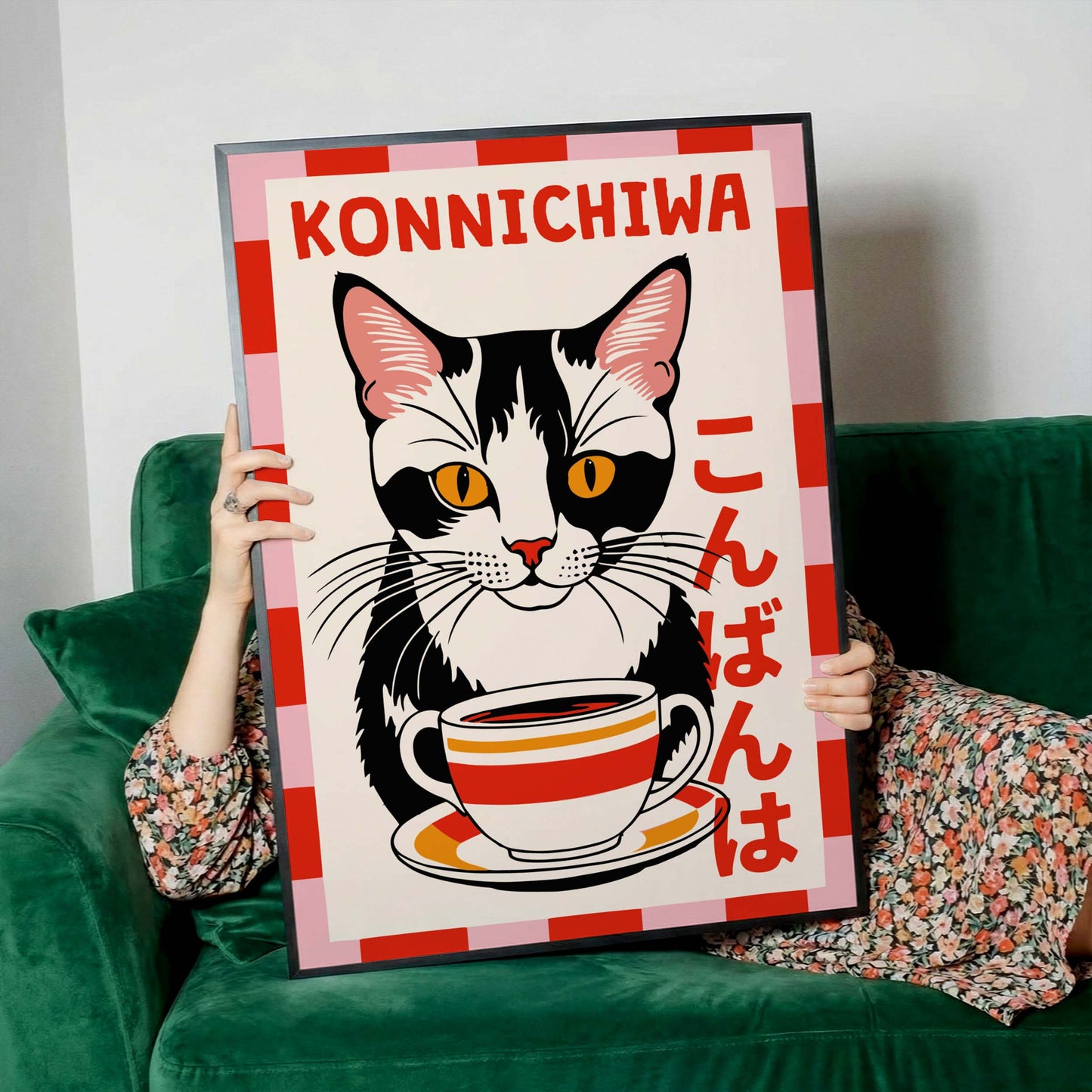 Cat Coffee Konichiwa Poster