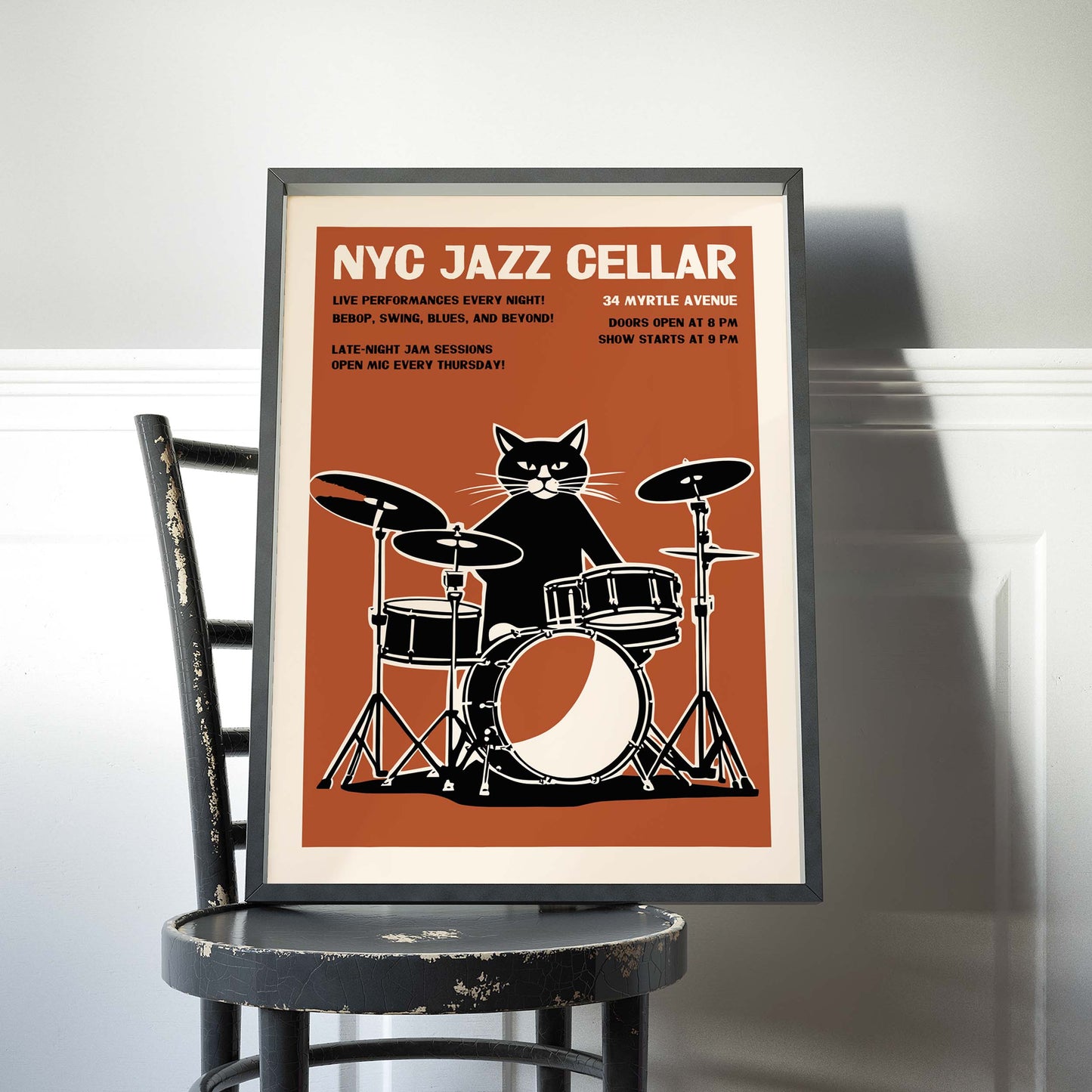 NYC Jazz Cellar Cat Drummer Wall Print
