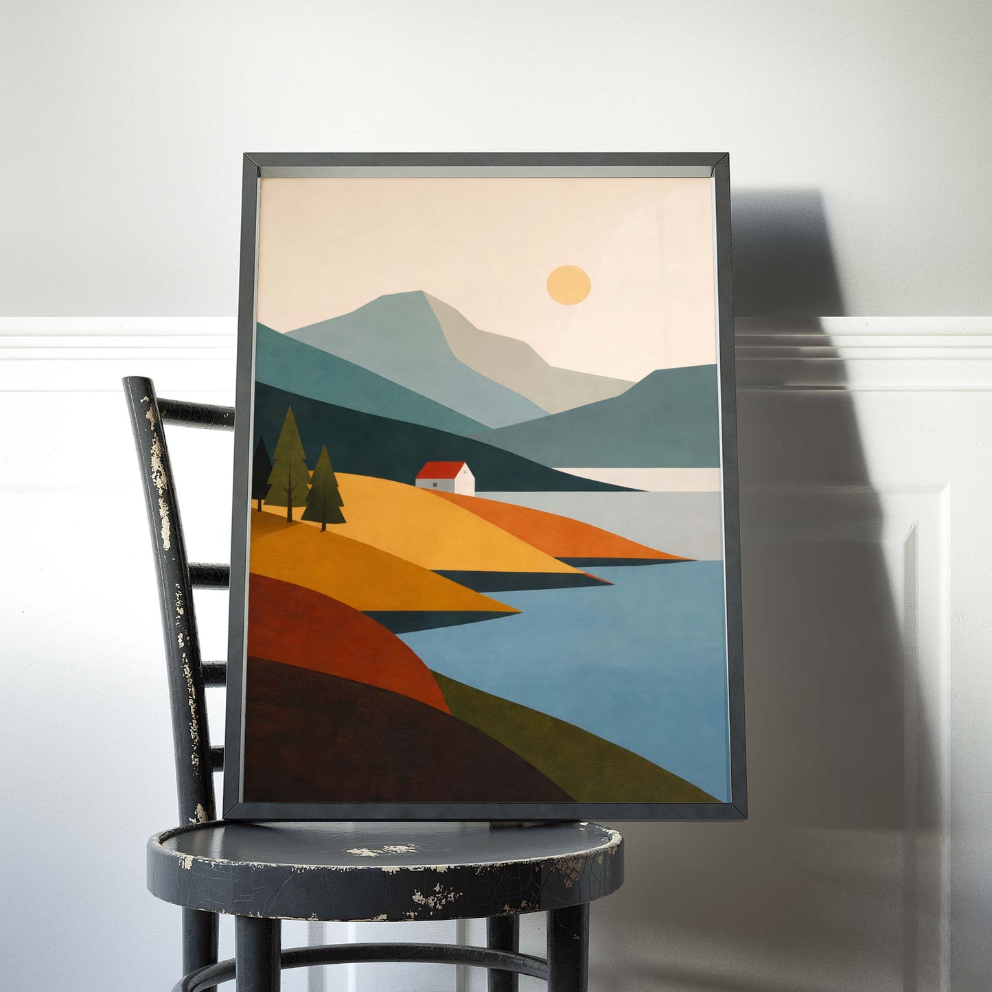 Mountain Lake Cabin Landscape Wall Art