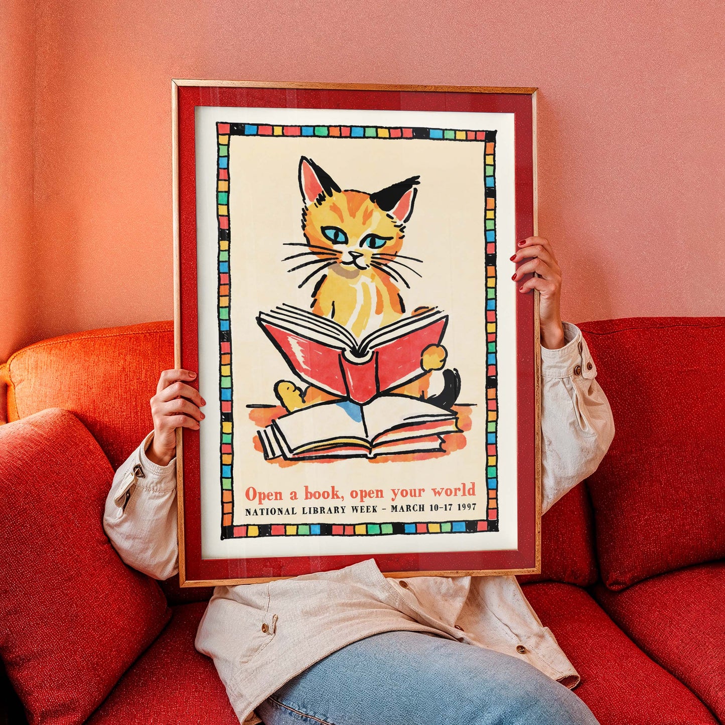 Reading Cat Library Poster Print