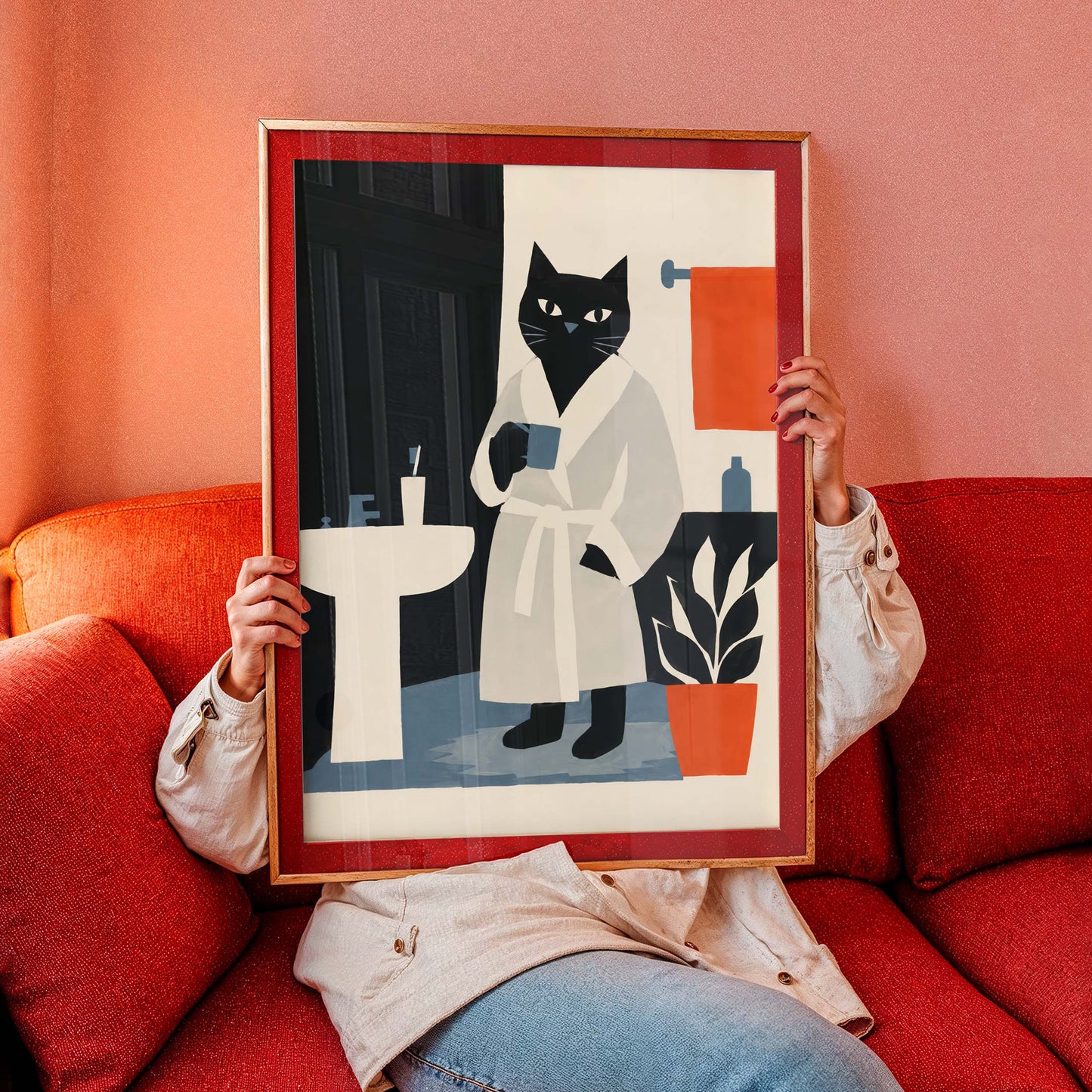 Minimalist Black Cat Morning Routine Print